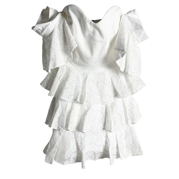 Caroline Constas Irene Ruffle Tiered Off Shoulder White Eyelet Mini Dress Size 4 - Picture 4 of 15